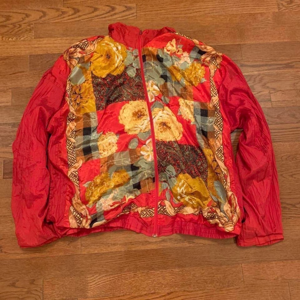 WOMENS VINTAGE GRANNY MOM CORE JACKET RED POLY FLOWER CASINO COTTAGE VEGASCORE